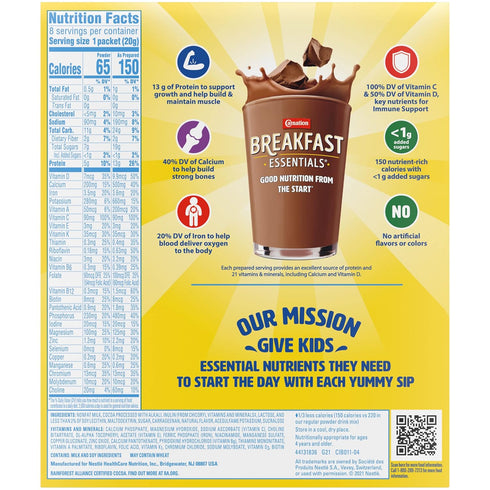 Chocolate.705 Oz, 8 (Pack 2) Carnation Breakfast Essentials Light Start Powder Drink Mix, Rich Milk Ct