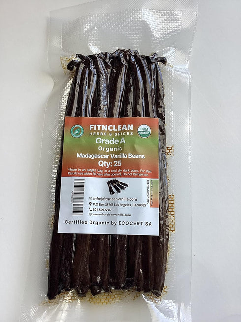 25 Organic Madagascar Vanilla Beans Grade A for Extract, Cooking and Baking by FITNCLEAN VANILLA| Certified USDA
