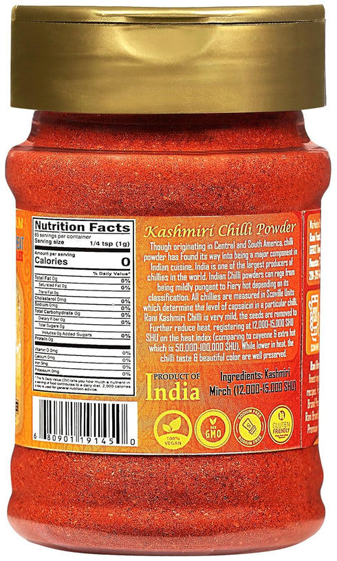 Rani Kashmiri Chilli Powder (Deggi Mirch, Low Heat) Ground Indian Spice 85g PET Jar ~ All Natural, Vegan, Kosher,