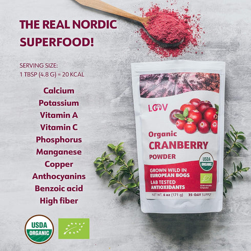 100% 6oz (35 Organic Freeze-Dried Cranberry Powder Pure, Natural Wild Whole Fruit, Certified Organic from Nordic