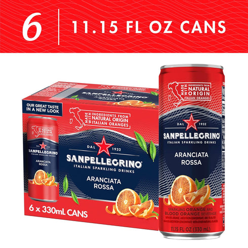 11.15 Oz 6 Pack Sanpellegrino, Aranciata Rossa Orange Sparkling Fruit Beverage, Fl Cans