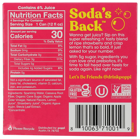 4 pack Poppi Strawberry Lemon Prebiotic Soda
