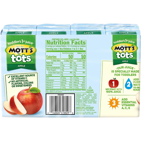6.75 Oz 32 Count (4 Packs 8), 40% 100% Mott's For Tots Apple, Fl Boxes, Of Juice With Purified Water, Good Source