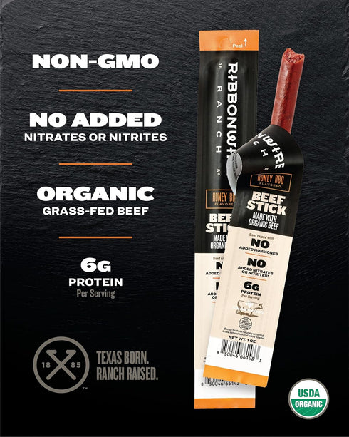 1 Oz 20 Pack Ribbonwire Ranch Beef Sticks, Made with Organic Beef, Pasture Raised, High Protein Snack, Healthy, Low