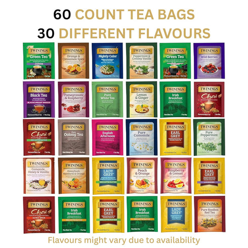 Pack (60 Count) 30 Twinings Tea Bags Sampler Assortment Variety Different Flavours for Tea Lovers: Her, Him, Women