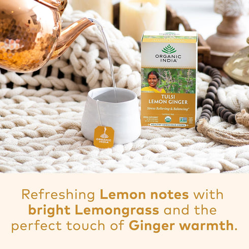 ORGANIC INDIA Tulsi Lemon Ginger Tea Bags - Herbal Tea, Stress Relieving, Immune Support, 18 Infusion Bags, 3 Pack