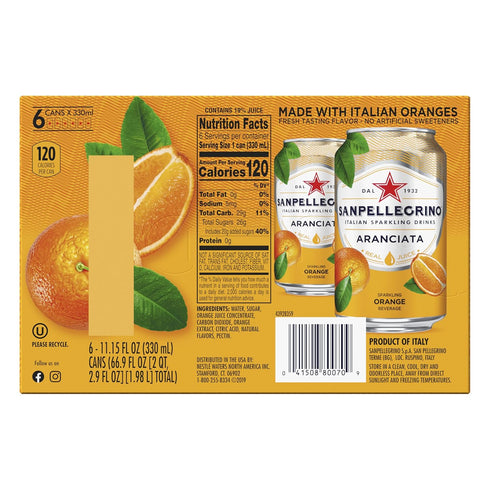 11.15 Oz 6 Pack Sanpellegrino, Orange Italian Sparkling Drinks, Fl Cans