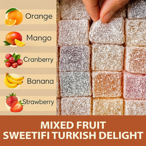 Sweetifi (320gr/11Oz) Mixed Fruit Turkish Delight, Premium Chewy Gourmet Vegan Candy Made with Real Fruit, Gluten Free