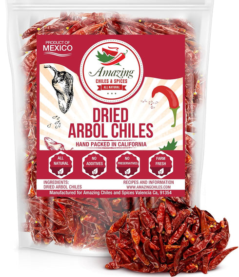 Chile De Arbol 4oz - Dried Whole Red Chili Peppers, Premium All Natural, Resealable Bag for Cooking