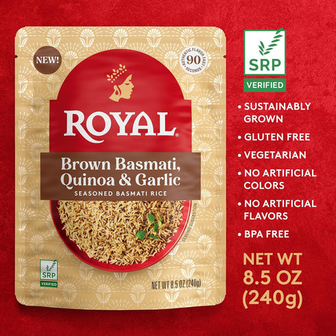 8.5 oz (Pack 6) Royal Basmati Brown Rice with Quinoa and Garlic - Ready to Heat Rice - Microwavable Pouch