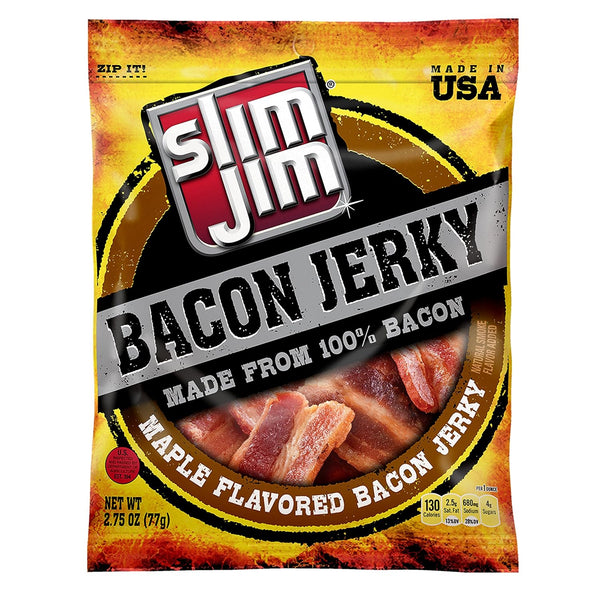 Slim Jim Bacon Jerky, Maple Flavor Meat Snacks, Easy, On-the-Go School, Work