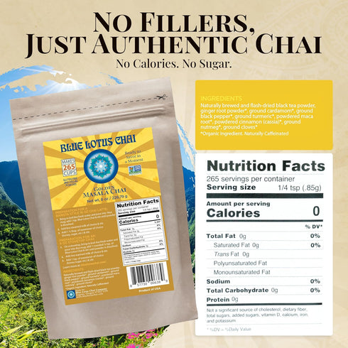 265 8 Blue Lotus Chai Golden Masala Chai with Turmeric and Maca - Makes Cups Just Add Hot Water, No Steeping, No Gluten