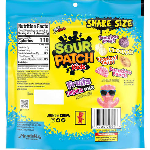 Gummy 11.11 oz SOUR PATCH KIDS Fruits Tropical Mix Soft & Chewy Candy, Share Size