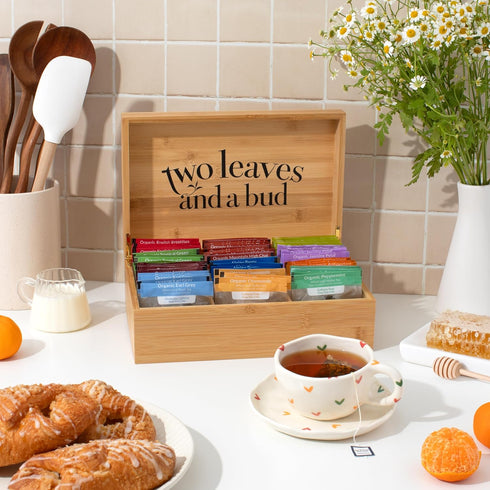 6-Slot Two Leaves and a Bud Organic Tea Sampler in Bamboo Presentation Box - Filled Gift Box with Tea Assortment