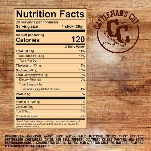 0.9 Pack 20 Cattleman's Cut American Wagyu Beef Sticks, Premium Bulk Protein Snacks, Keto Friendly, Gluten Free