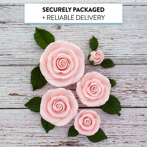5 Count Global Sugar Art Edible Exquisite Rose & Leaf Tray Sugar Cake Flowers, Pink Unwired, by Chef Alan Tetreault
