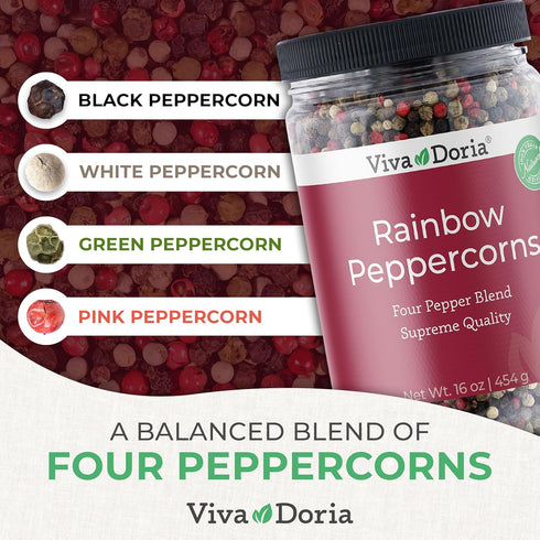 16 Oz, Viva Doria Rainbow Blend Peppercorn, Steam Sterilized Whole Black/Green Pepper, Whole Pink/White Pepper