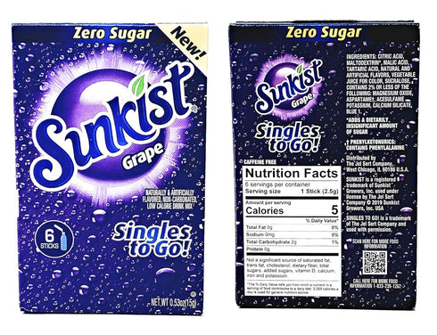 Sunkist Pack 3 6 36 2 Zero Sugar Singles To Go Variety - Flavors: Orange, Grape and Lemon Lime - Boxes, Singles - Boxes
