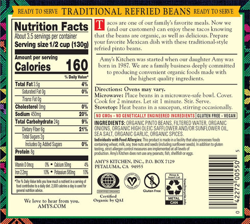 15.4 Oz Amy's Organic Refried Beans Canned, Traditional Refried Beans, Vegan Gluten Free and Vegetarian