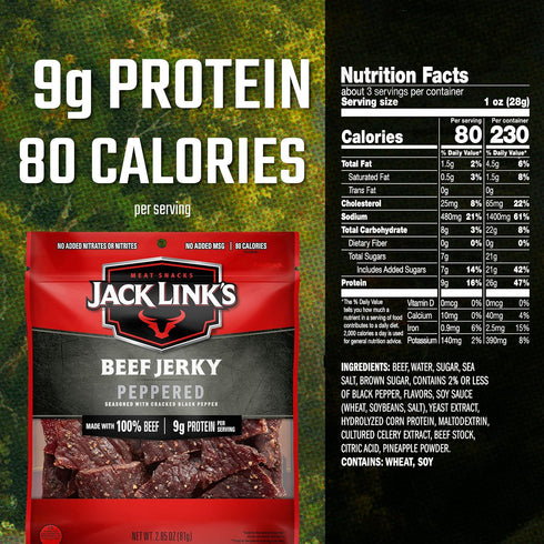 2.85 oz 9g 80 95 Jack Link's Beef Jerky, Peppered Flavor, - Flavorful Meat Snack, of Protein and Calories, Made