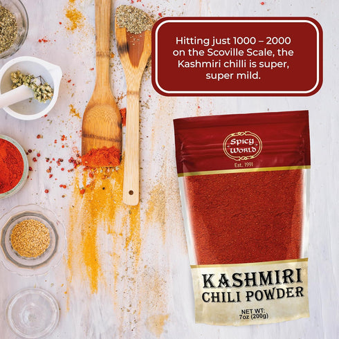 Spicy World 7 Kashmiri Chili Powder Red Ounce Resealable bag | All Natural Low Heat, Chili Powder - Red Pepper Powder