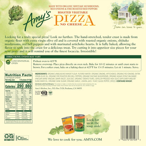Frozen Size,12 (Pack 1) Amy's Vegan Pizza, Made with Artichoke Hearts and Organic Vegetables, Hand Stretched Crust