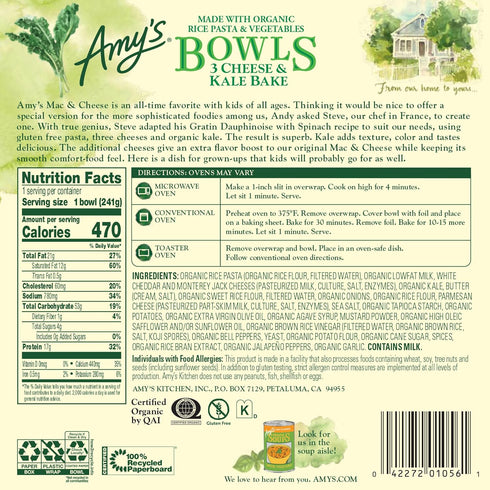 Frozen 8.5 Oz Amy's Meals, Three Cheese Kale Bake Bowl, Made With Organic Rice Pasta and Vegetables, Microwave Meals