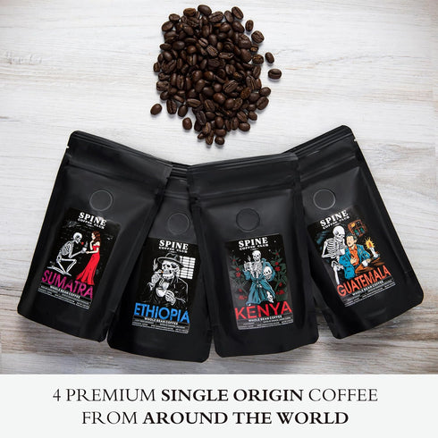4-Pack Set Spine Coffee Club LLC Gourmet Coffee Sampler Gift Box with Ethiopia, Sumatra, Guatemala, Kenya Single Origin