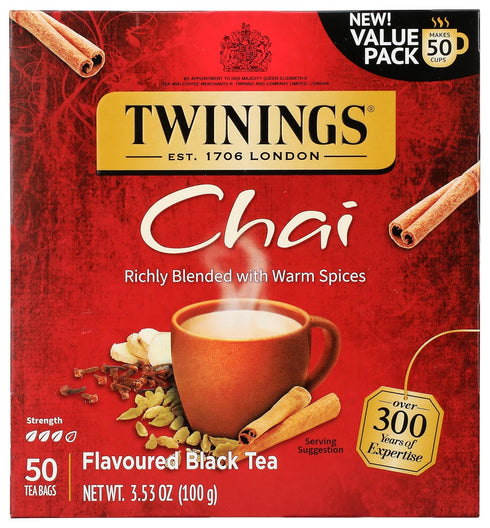 Twinings Chai Black Tea Individually Wrapped Bags, Sweet, Savoury Spices, Caffeinated, Enjoy