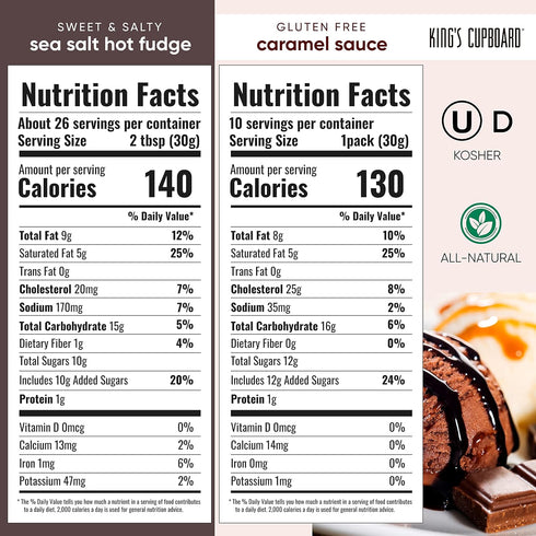 Pack 2 KING'S CUPBOARD Caramel Sauce and Sea Salt Hot Fudge Combo - jar Dessert Sauce and Ice Cream Topping, Chocolate
