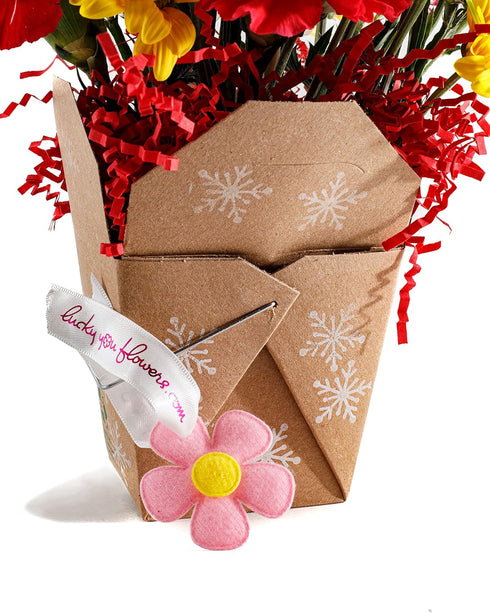 Let It Snow Fresh Cut Live Flowers Arranged in a Takeout Container with Your Personal Message Tucked Inside a Fortune