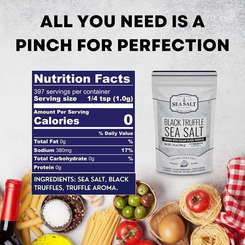 Truffle Salt, Finishing Sea Salt Infused with Black Truffle, Italian Black Truffle Seasoning, 14 oz Bag