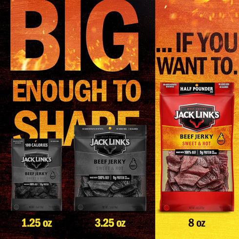 100% 9g 8 oz Jack Link's Beef Jerky Half Pounder - Sweet & Hot - Real Beef - Ready to Eat Real Meat Protein Snacks