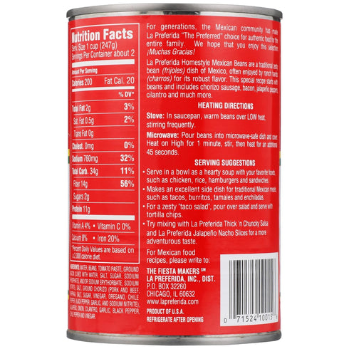 15 OZ. (Pack 3) La Preferida Mexican Foods Homestyle Beans, Frijoles Charros