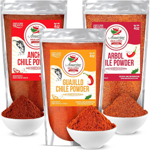 Chile Powder Variety Pack (12 oz Total) - Ancho, Guajillo, and Arbol, Pure Ground Dried Chiles, Essential for Mexican