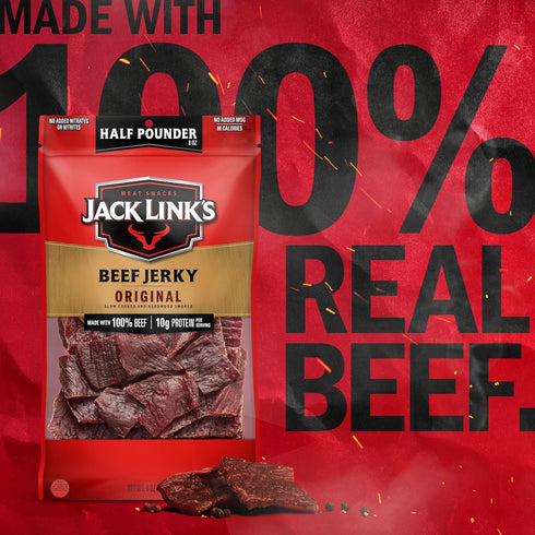 100% 10g 8 oz Jack Link's Beef Jerky Half Pounder - Original - Made with Real Beef - Ready to Eat Real Meat Protein