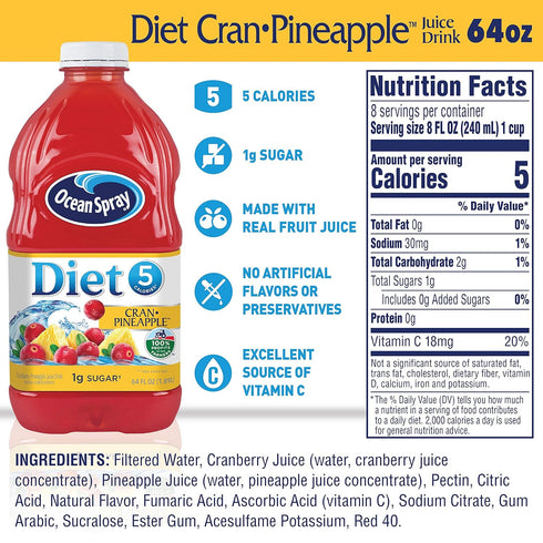 64 Oz (Pack 5) Ocean Spray Diet Cran-Pineapple Cranberry Pineapple Juice Drink, Fl Bottle