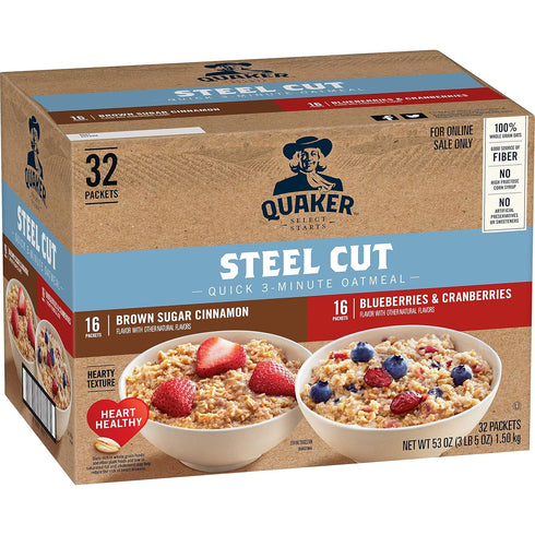 Quaker Steel Cut Quick 3-Minute Oatmeal, 2 Flavor Variety Pack, Individual Packets,