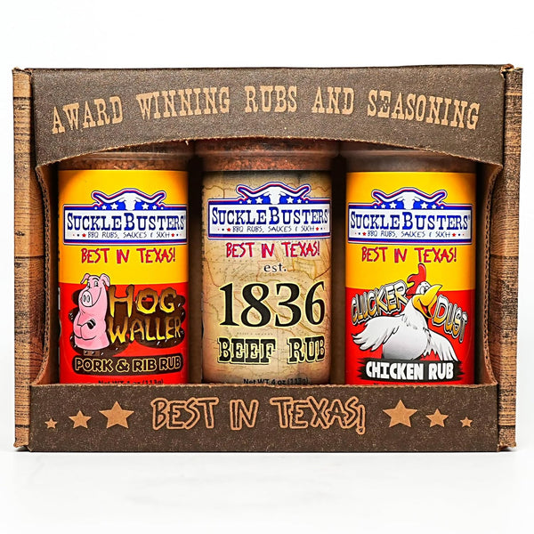 SuckleBusters Texas BBQ Rubs 3-Pack Gift Box - 1836 for Beef, Clucker