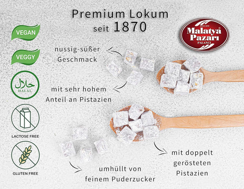14.1 Oz (400 Malatya Pazari Turkish Delight Candy with Pistachio, Gourmet Snack Box Lokum, Traditional Vegan Loukoumi