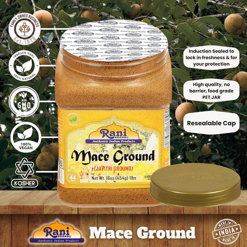 16oz (1lb) 454g Rani Mace Ground (Javathri) Powder, Spice PET Jar ~ All Natural | Vegan | Gluten Friendly | NON-GMO |