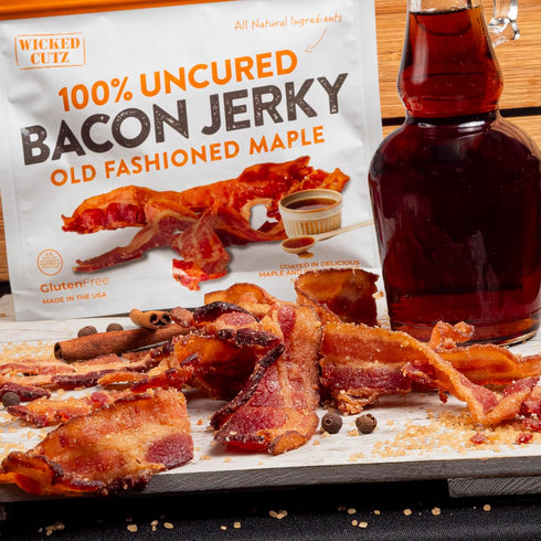 16g (2 Old Fashioned Maple Bacon Jerky, Candied Jerky with Protein Per Bag, Tender & Easy to Chew Fully Cooked Bacon
