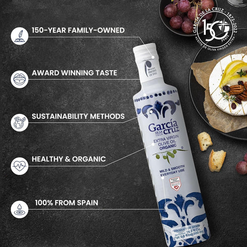 Organic Extra Virgin Olive Oil by Garcia de la Cruz, Mild Smooth Flavor for Everyday Use, Spanish Organic Olive Oil