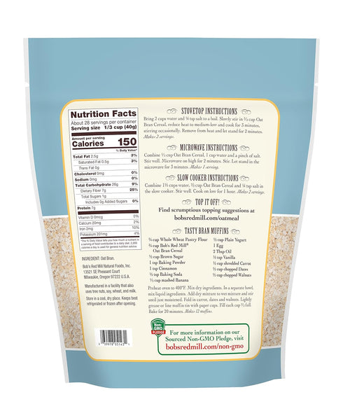 40oz (Pack 4) Bob's Red Mill Oat Bran, of - Non GMO, Vegan, Kosher