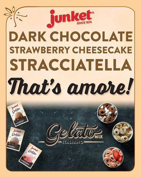 4 1 Pack 6) Junket Gelato Mix: Stracciatella (Vanilla Chocolate), Dark Chocolate, & Strawberry Cheesecake, Homemade
