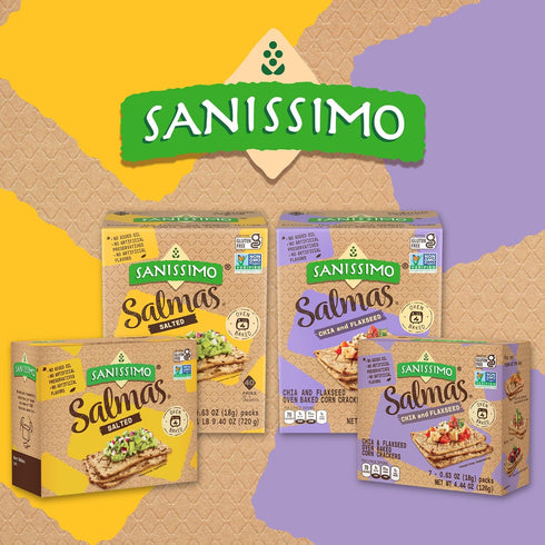 40 Packs 3 Sanissimo Salmas Chia & Flaxseed, of Crackers, Oven Baked Corn Crackers, Gluten Free, Non-GMO, Kosher