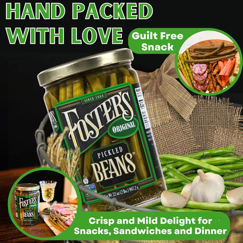 32oz, 2 Pack, 40 Foster's Pickled Green Beans in a Jar, Original, Traditional Pickled Vegetables Recipe for over years