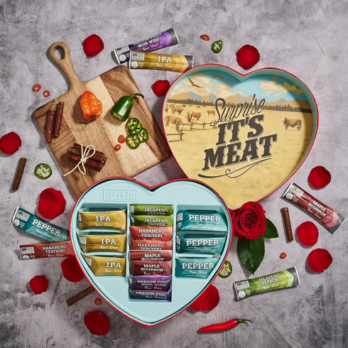 14 Man Crates Gift for Men Meat Heart with Beef & Pork Sticks Heart-Shaped Meat Snack Box for Him, Boyfriend, Husband