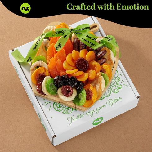 (9 Package NUT CRAVINGS - Dried Fruit Flower Bouquet Arrangement in Wooden Apple-Shaped Gift Basket + Tray Assortment)