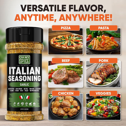 4.7oz Italian Seasoning Blend Garlic Powder Mix - Gluten Free & Low Sodium Pizza Seasonings for Bruschetta & Spaghetti.